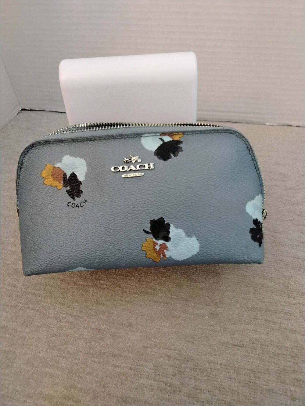 COACH Blue Floral Print Leather Cosmetic Pouch E 1780-F65349